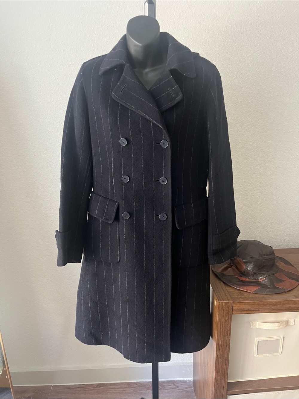 DKNY Navy Pinstripe Double-Breasted Pea Coat